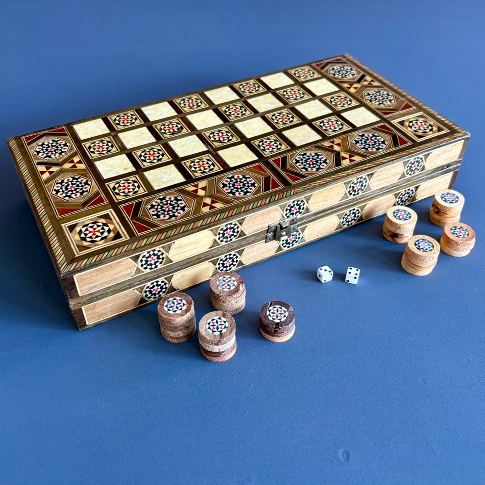 Vintage Syrian Damascus Mosaic Backgammon Chess Board | Mother of Pearl Inlay
